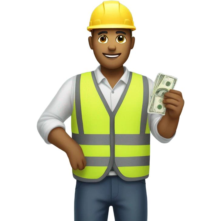 A construction worker wearing a vest giving money to another man in a suit.  The man on the left should have white skin and no hat.  emoji