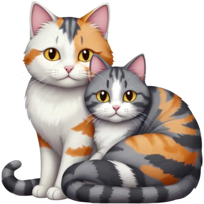 full body colourful light patched calico + white tabby cat cuddling a bigger cat that is dark grey and white tabby cat  and they are in love emoji
