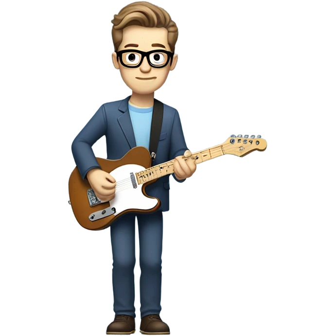 A nerdy white guy with glasses with short brown hair with a small quiff playing a blue classic telescaster emoji