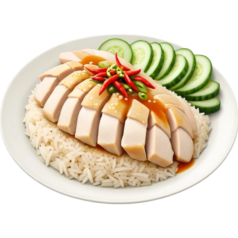 Singapore Hainanese chicken rice with sliced chicken, fragrant rice, cucumber and chili sauce emoji