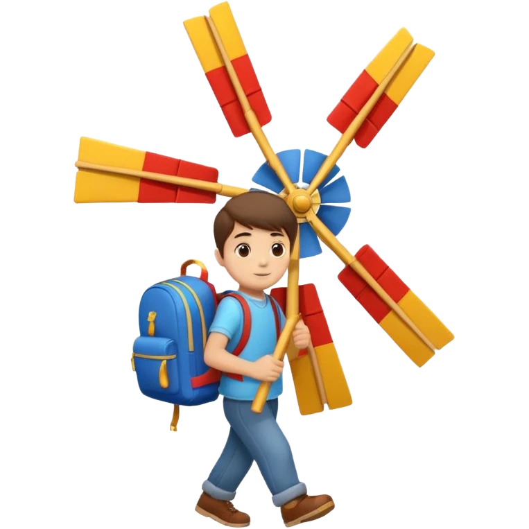 Boy carrying toy windmill backpack emoji