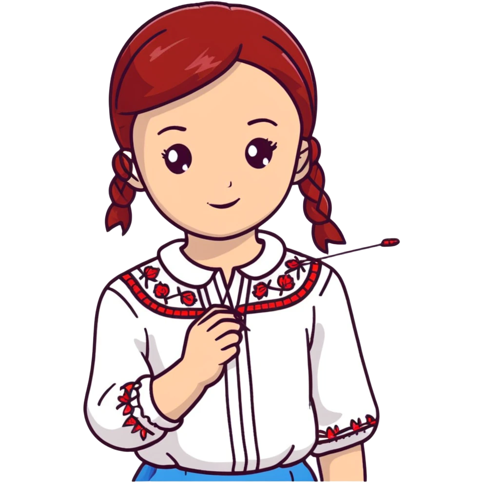 A young Ukrainian girl in a white embroidered shirt holds a red thread and a needle in her hand emoji