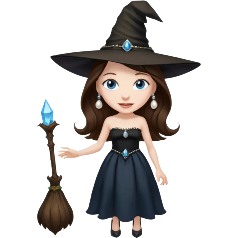 woman brunette, very large breasts, pale skin, blue eyes, long brown hair, black strapless dress, witch hat, pearl earrings, smirking, in black heels, standing, head to toe, full body, zoomed out, entire outfit visible emoji