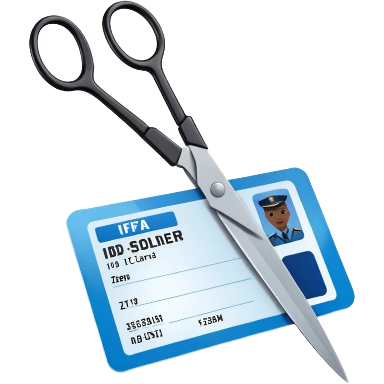 Floating black Scissors cutting an idf soldier ID card in 2 parts .hyper realistic emoji