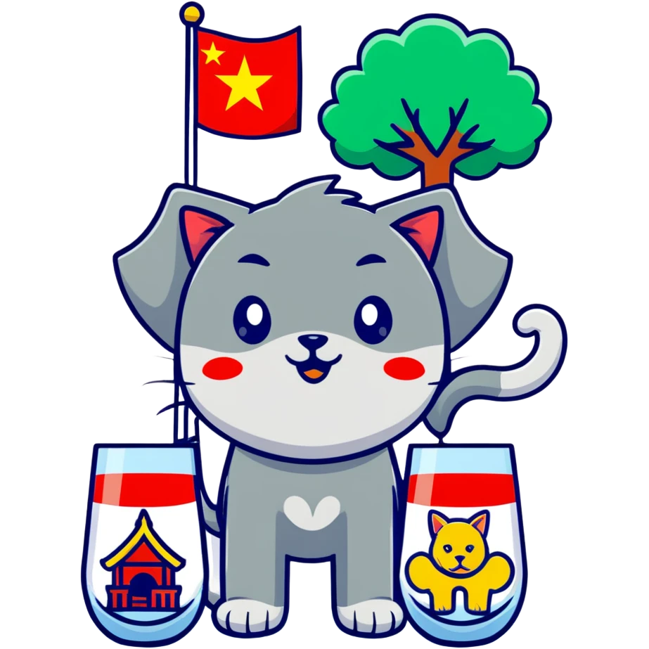 cat, dog, wolf, Vietnam flag, tree, elephant, and a glass all together in cartoonish sticker style emoji