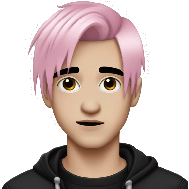 Create an emoji of an emo guy with split-dyed hair (one side pastel pink, the other side black), wearing black clothes and a subtle sad expression, inspired by the style of Lil Peep. emoji