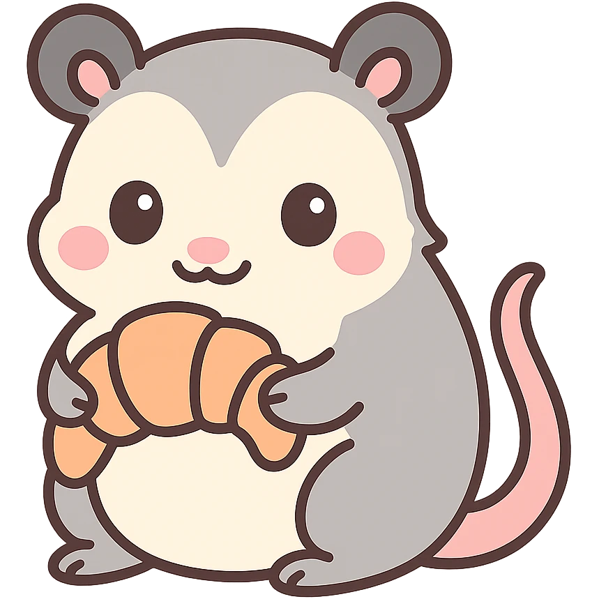 cute cartoon possum holding a croissant emoji