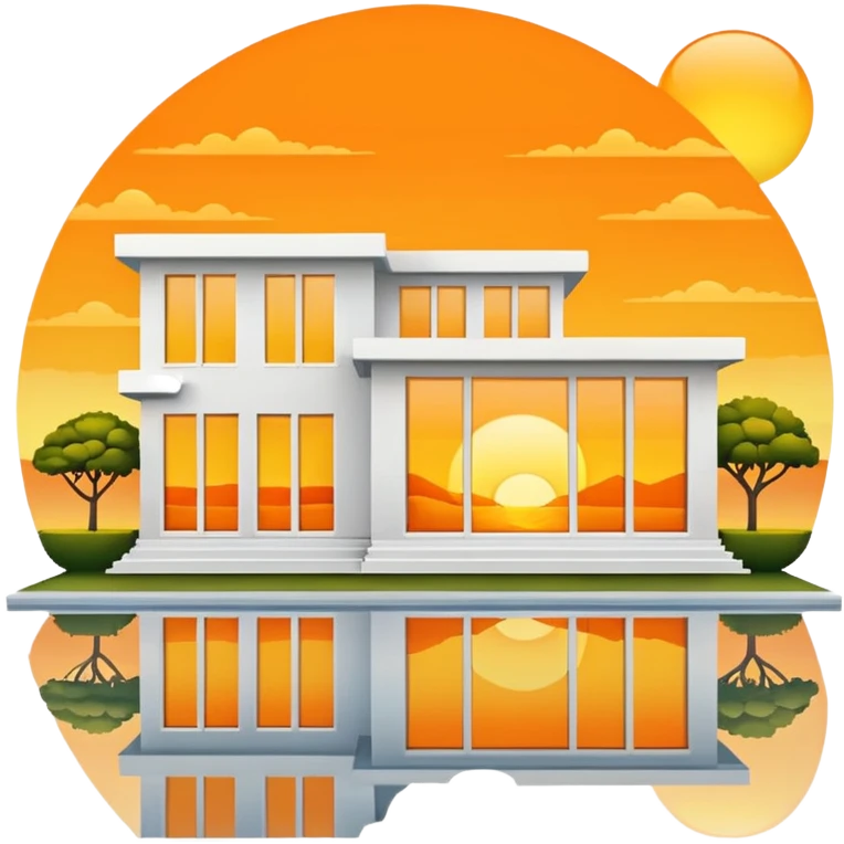 modern villa with windows reflecting a yellow and orange sunset emoji