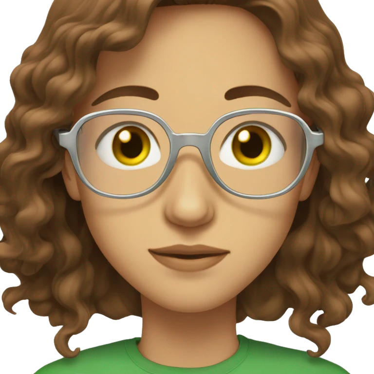 Long brown hair 30 year old with green eyes in clear octagonal frames emoji