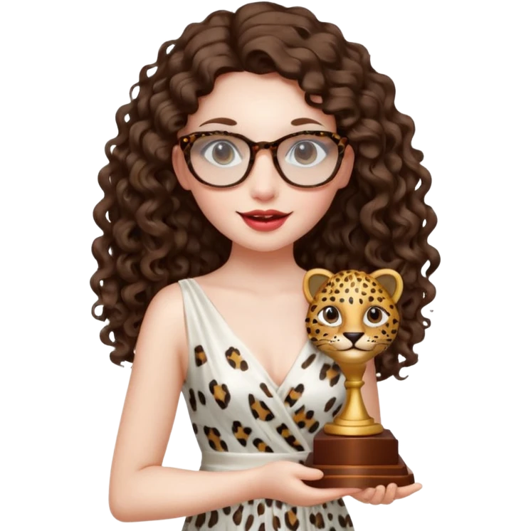 A girl with white pale skin,  full lips, brunette LONG curly hair. She is wearing a white  silk dress. She is holding an award and happy. She has a leopard print round-ish shaped glasses.  emoji