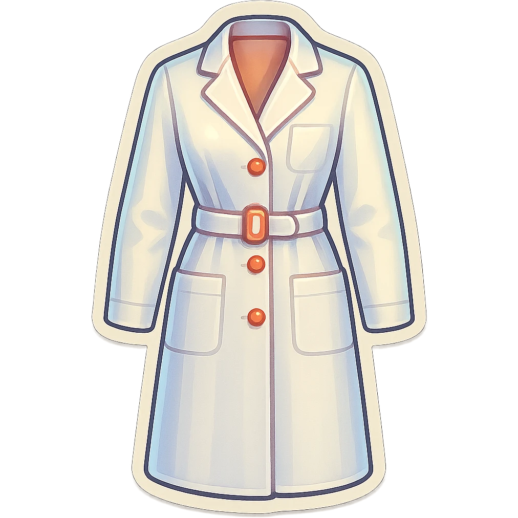 female medical coat with belt full length, no girl, front view, retro stickers style, soft rounded shapes, clean contours, pastel palette, detailed shadows and highlights, modern illustration, transparent background emoji