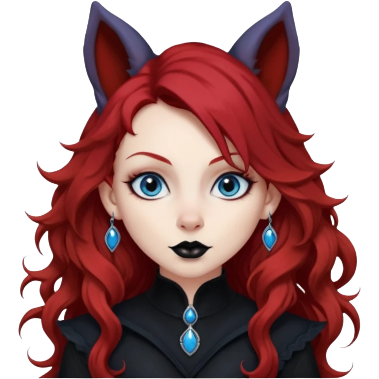  long curly red hair (darker), red pointed ears with black trim, black goth outfits, body and face human, blue eyes, more pointy chin, black lipstick, big fluffy red squirrel tail with black tips, like the attached photo with more outfits and poses,  emoji