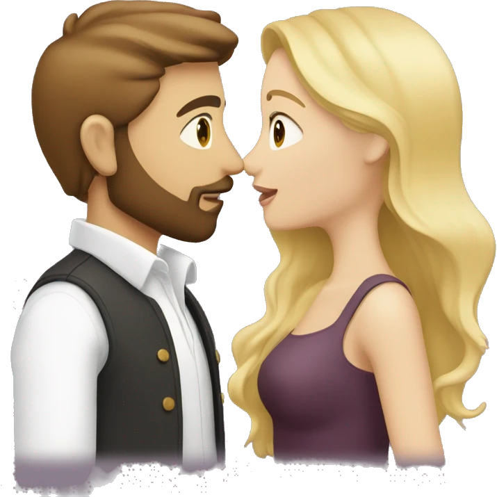 couple kissing, him with brown hair, beard and eyes, white skin; her with blonde hair, brown eyes, white skin. they are well dressed emoji