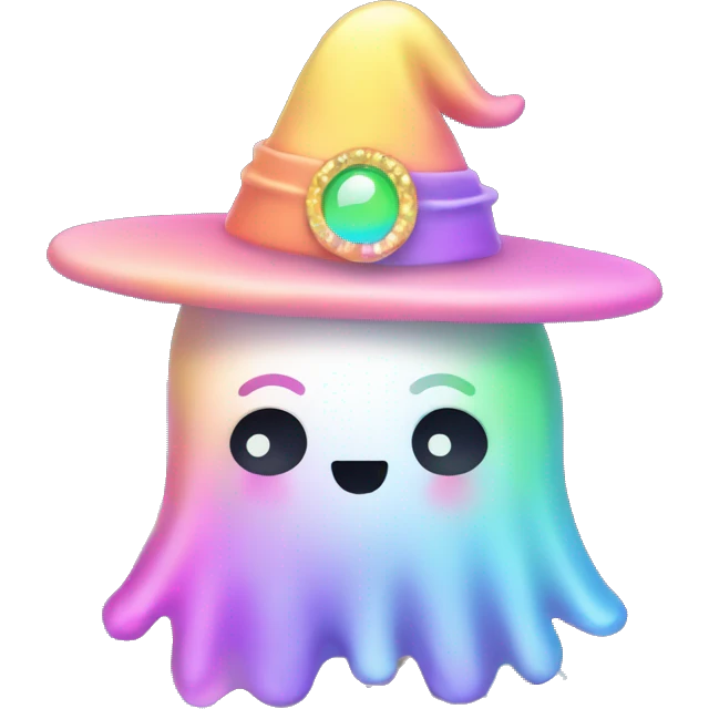 Kawaii rainbow pastel bedazzled ghost wearing witch hat emoji