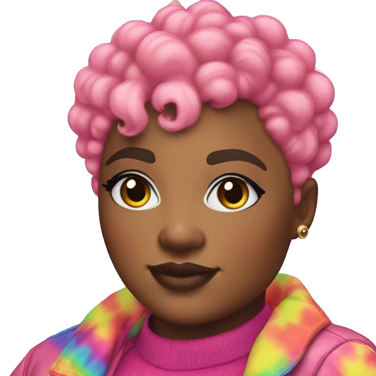 Plus size black woman with chinky eyes, pink curly pixie cut hair and a rainbow tie dye bubble jacket  emoji