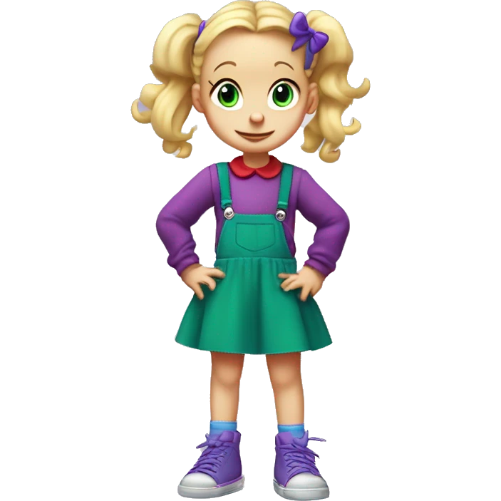 A little blonde girl with pigtails and little purple bows wearing a red long-sleeved shirt and purple overalls skirt with blue tights with green polka dots and purple sneakers, full body, rugrats emoji
