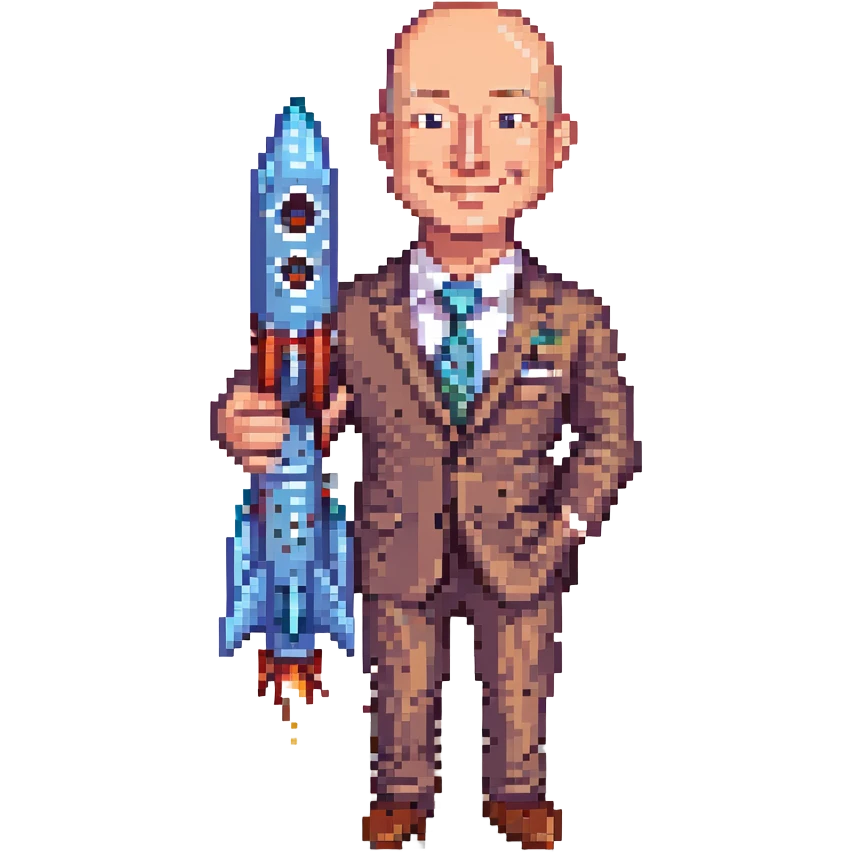 Jeff Bezos as a pixel art character, business suit, smiling, bald, holding a rocket emoji