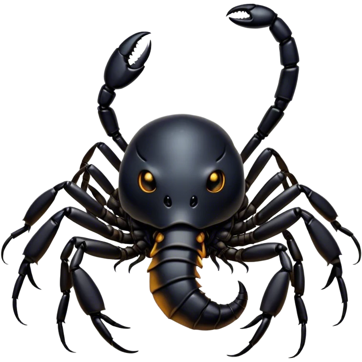 Cinematic Cute Emperor Scorpion Portrait Emoji, Head tilted playfully and inquisitively, with a compact, rugged build and a sleek, dark exoskeleton highlighted by delicate, intricate patterns and round, sparkling eyes full of curious defiance, Simplified yet irresistibly adorable features, highly detailed, glowing with a warm, friendly glow, high shine, affectionate and quirky, stylized with a touch of desert whimsy, soft glowing outline, capturing the essence of a mischievous yet endearing scorpion that feels like it could pinch its way out of the screen into your arms! emoji