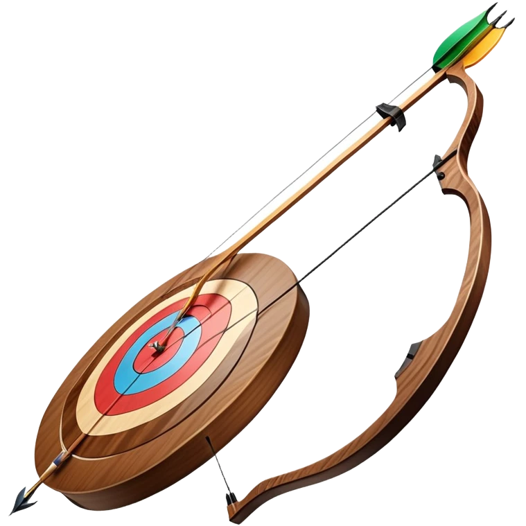 A professional recurve bow with an arrow nocked, ready to be released. The target features concentric rings, placed at a distance. The emphasis is on the bow, arrow, and target, highlighting the precision, focus, and skill involved in competitive archery. emoji