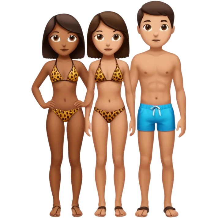 a girl wearing leopard print bikini standing with a boy wearing shorts both brunette emoji