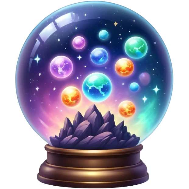 Tiny sparkly magical glowing spherical nebula planets inside a glass globe dome emoji