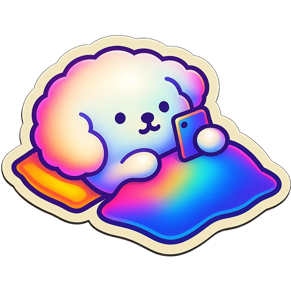 Transform the image into a WhatsApp sticker by removing the background and leaving only the cute dog lying down with the cellphone. Add a white border around the dog for a sticker effect. emoji