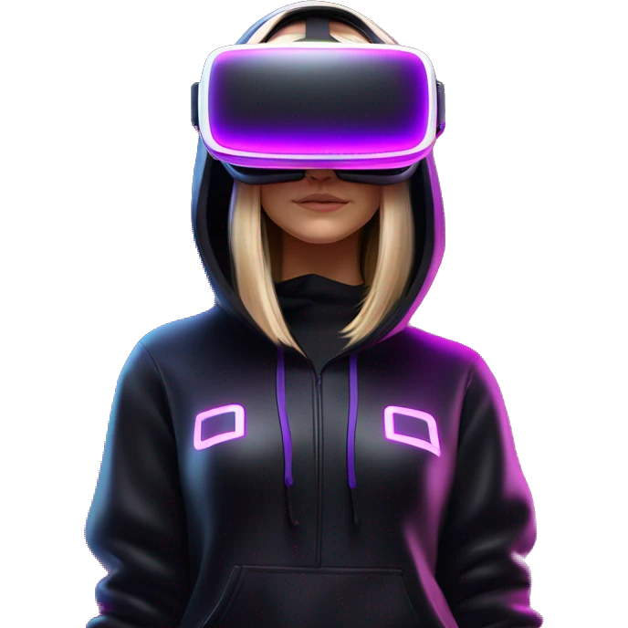 Russian girl wearing black hoody with violet letters "OMG", in vr headset oculus quest2. Standing like jedi. Cyberpunk style. Violet neon. emoji