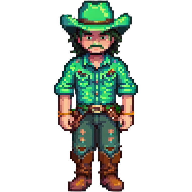 Pixel art of a cowboy character with green outfit and hat emoji