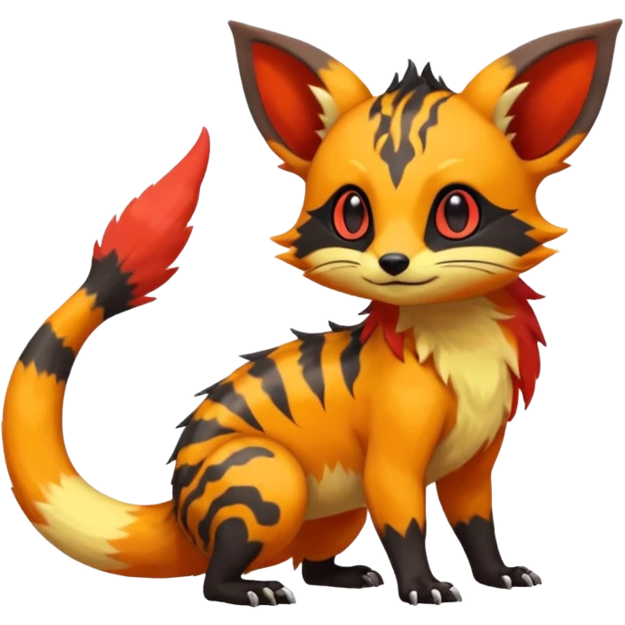 Rare warm-colored exotic cute epic aesthetic colorful Salandit-Eevee-Civet-species-Fakemon-hybrid-creature, with wild markings, full body emoji