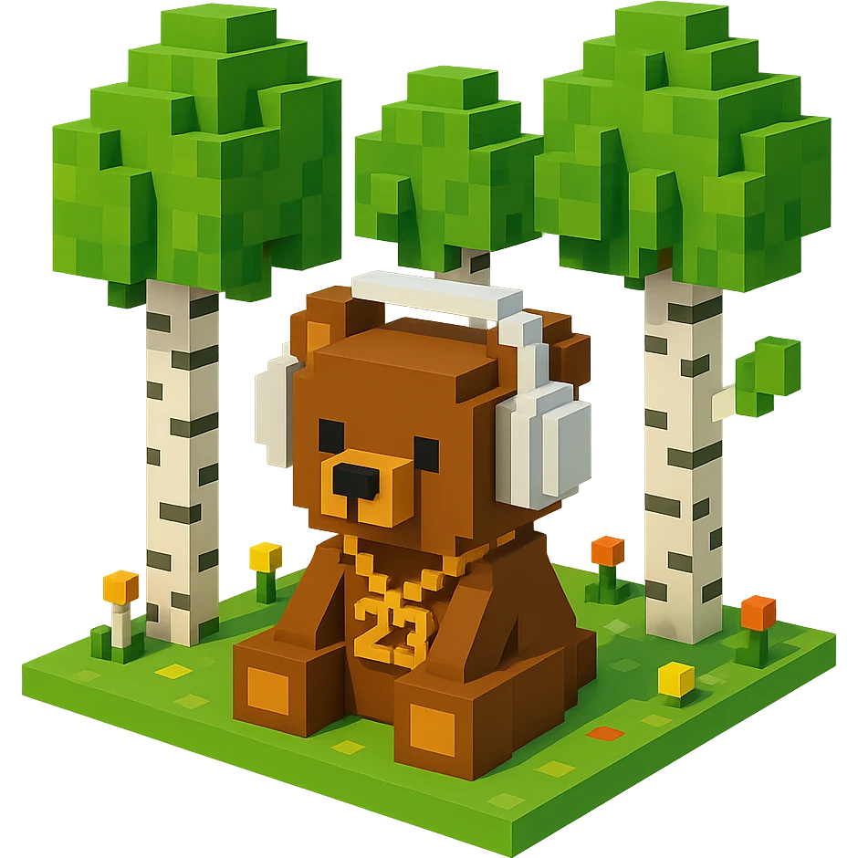 березовый лес, в котором сидит бурый медвежонок в белых наушниках (наушники должны закрывать уши медведя), на медведе цепь с подвеской "23", no background  emoji