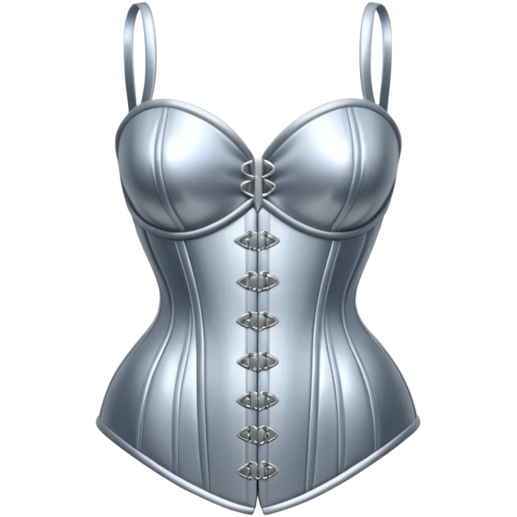 A luxury corset emoji made of silver chrome, smooth metallic curves, minimal fashion silhouette, glossy reflections, sensual high-end aesthetic, iOS emoji style, centered, clean white background emoji