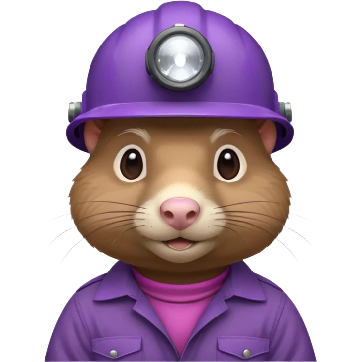 a mole rat, headlamp, BROWN worker cloth, purple helmet,  emoji