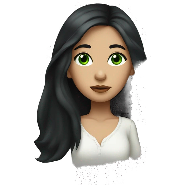 Girl with long black hair, big green eyes thin nose and thin lips  emoji