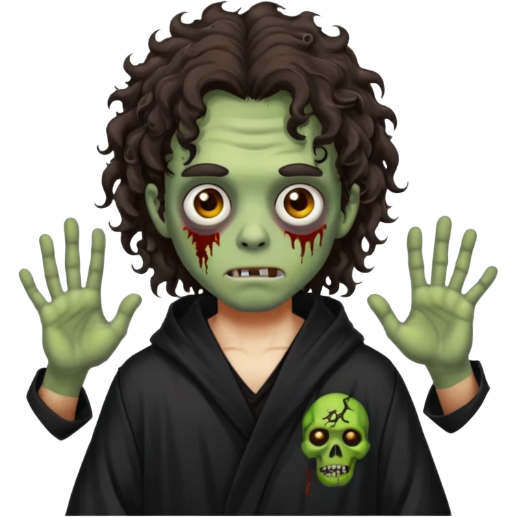 это должен быть юноша, одет в черную мантию, глаза цвета хамелион, но более коричневые, выглядит как зомби и еще длинные волнистые кудрявые волосы темно коричневого цвета, также добавь немного гангстерства уличного на задней фон emoji