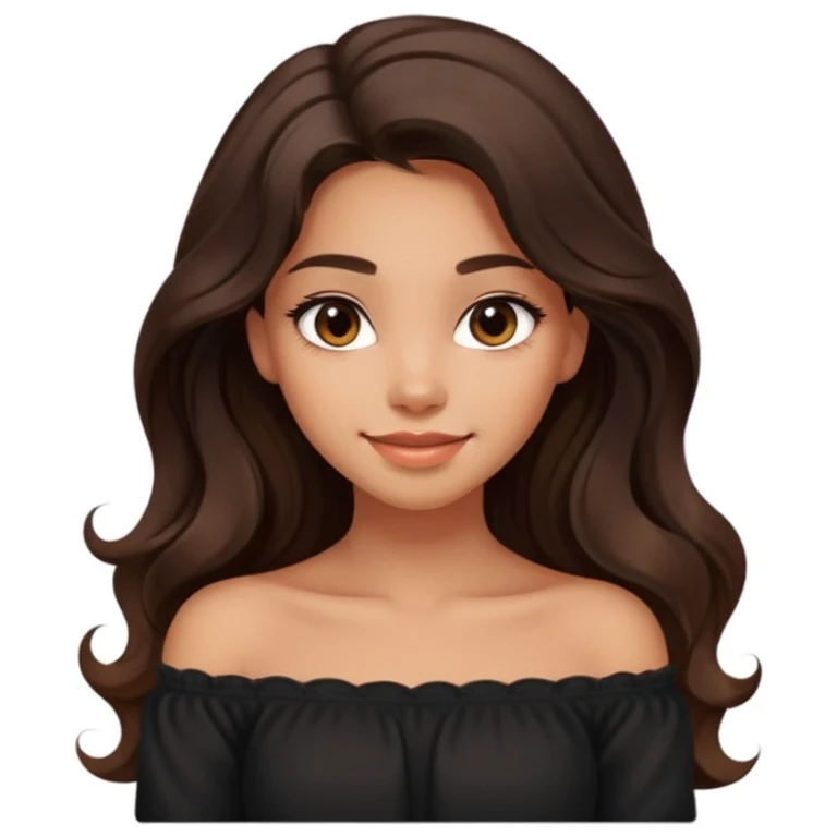clean modern emoji of a young woman with medium skin tone, long wavy dark brown hair, wearing a black off-shoulder top, soft smile, expressive eyes, warm charming confident style, subtle gradient background emoji