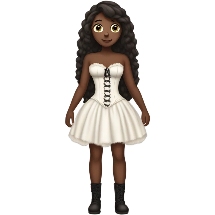 a white girl with straight and loose  dark brown hair standing with her back tied an old corset on a fluffy dress emoji