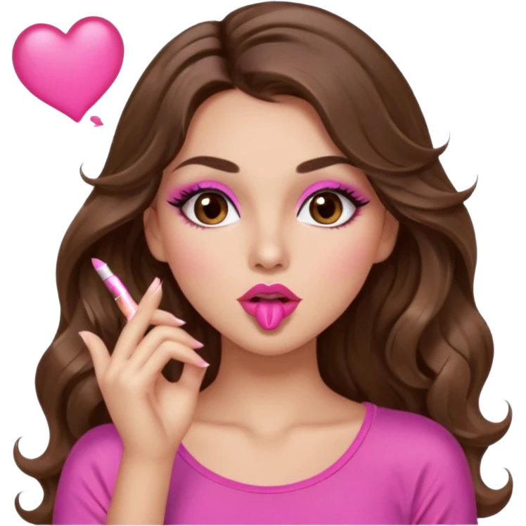 girl with long wavy brown hair, brown eyes, long lashes makeup, sexy pink lips, light to medium complexion, wearing a pink sexy top, blowing a kiss emoji