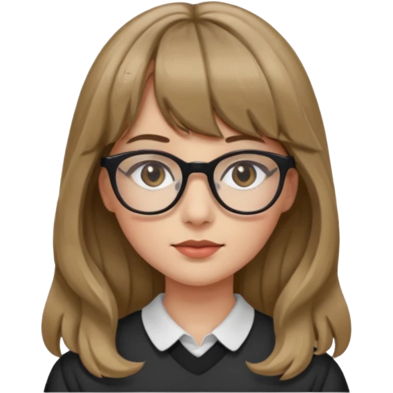 Uma garota de cabelo ondulado loiro escuro,mas com franja lisa e olhos pretos,usa óculos e a cor de pele branca,e o cabelo LONGO emoji