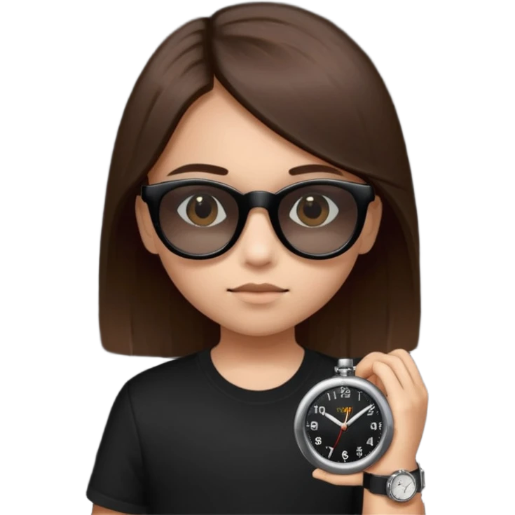 Un niño con pelo lacio color castaño,con lentes de sol negros y un reloj en la mano ,pero que el lente sea más oscuro  emoji