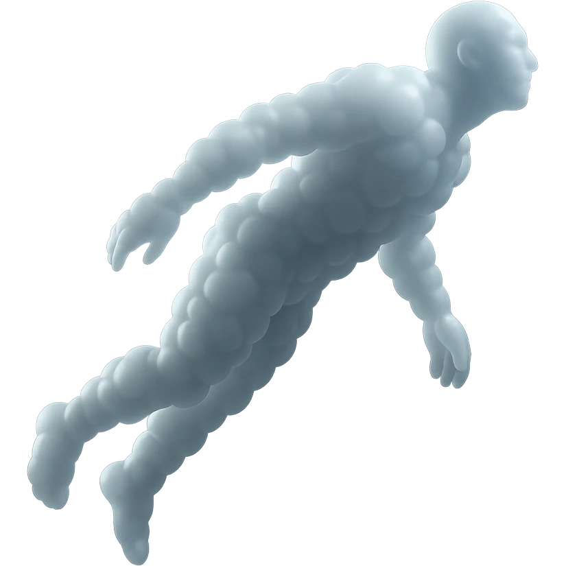 side view of unconscious person flying upwards by torso, legs and arms downwards, made of small very bright white fluffy convex clouds, matte glass style emoji
