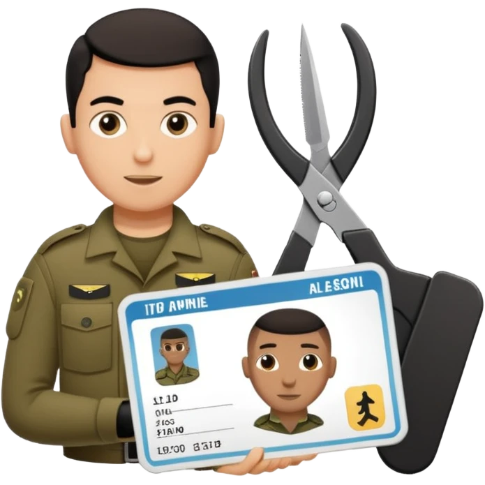 Floating black Scissors cutting in half an idf soldier ID card with a little chip in 2 parts emoji