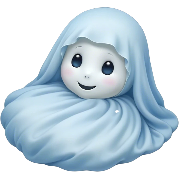 An adorable, peacefully floating sheet-like ghost in gentle pastel whites and blues, its soft, rounded form loosely draped, head resting with closed, serene sparkling eyes and a tiny, contented smile, simplified yet irresistibly charming, highly detailed, with a soft glowing outline that captures the essence of a sleepy, endearing spirit wrapped in cozy slumber! emoji