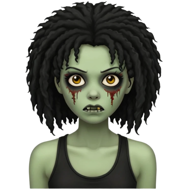 a female zombie with sage green skin, black long afro afro hair with edges, and a black tank top  emoji