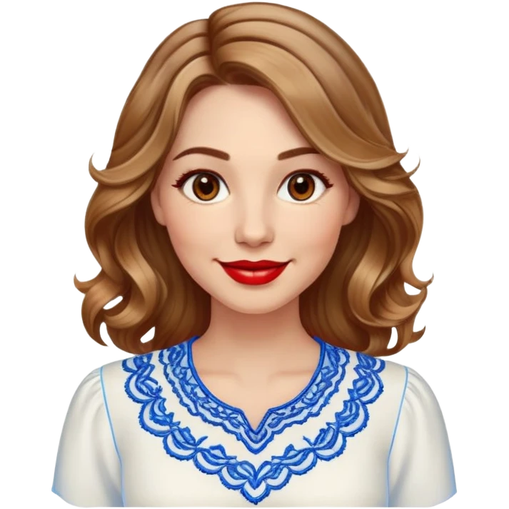 Friendly woman in her late 30s with luminous fair skin, round face, wide smile, large light brown eyes, vibrant red lips, shoulder-length dark blonde wavy hair with highlights, wearing white blouse with blue embroidery and electric blue neckline emoji