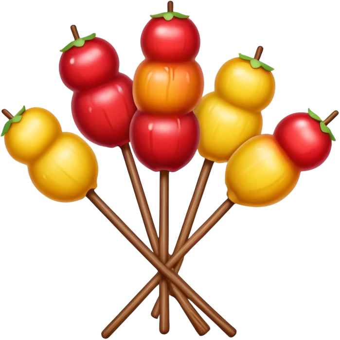 Tanghulu candied hawthorn fruits on wooden stick, simplified emoji style with bold outlines and bright colors, cartoon style shiny sugar coated Chinese street snack emoji