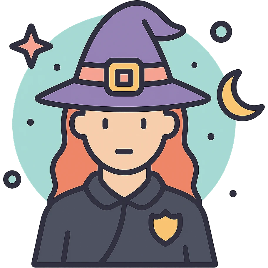 Make this female enforcer icon witchy by adding a witch hat, magical aura, and mystical symbols with a soft color palette and no background. emoji