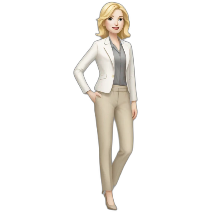 Full height pale skin woman with blonde Straightened Hair to shoulders, White classical jacket, beige Arrow pants and gray blouse holding a color palette in the hands emoji