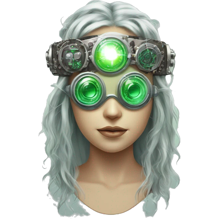 Light green long hair female cyborg head with silver steampunk goggles as a headband, circuits emoji