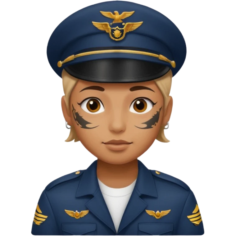 Young, wearing pilot uniform include hat, full tattoo on face emoji
