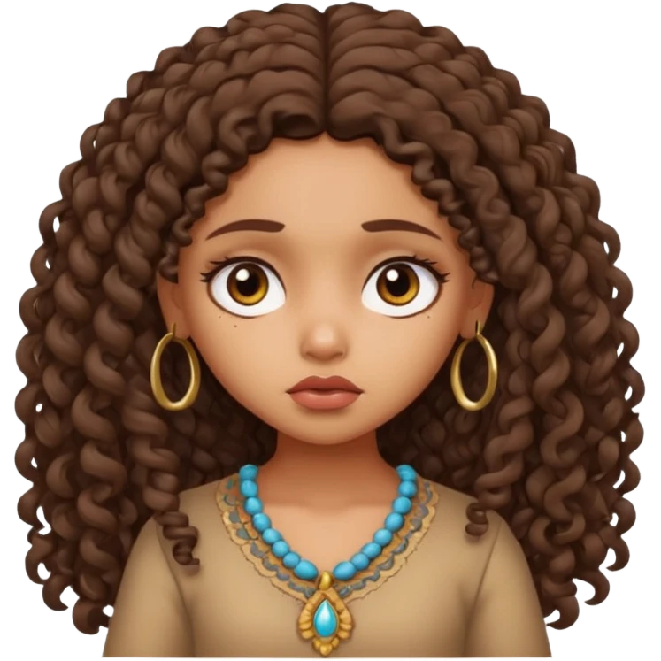a tan pretty bratz indian girl with curly long brunette hair, looking sad emoji